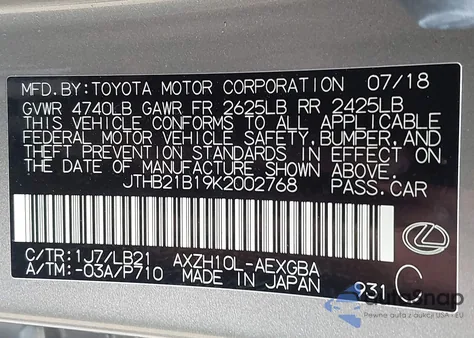 2019 Lexus Es 300H Luxury z USA, uszkodzony, nr VIN JTHB21B19K2002768